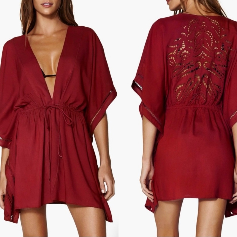 Vix Embroidery Kimono coverup in burgundy- brand new!